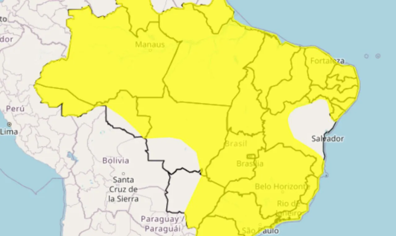 o mapa mostra as &aacute;reas em alerta para chuva intensa